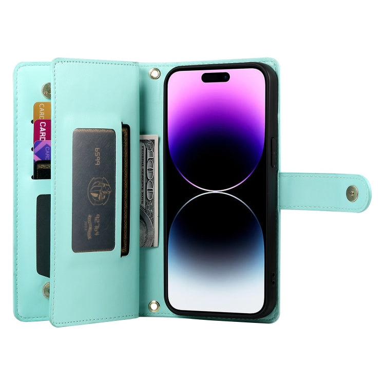 For iPhone 14 Pro Max Nine Card-slot Zipper Wallet Bag Leather Phone Case(Mint Green) - iPhone 14 Pro Max Cases by buy2fix | Online Shopping UK | buy2fix