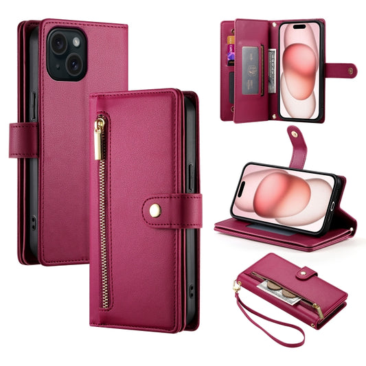 For iPhone 15 Nine Card-slot Zipper Wallet Bag Leather Phone Case(Red) - iPhone 15 Cases by buy2fix | Online Shopping UK | buy2fix