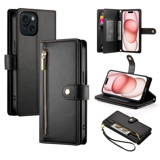 For iPhone 15 Nine Card-slot Zipper Wallet Bag Leather Phone Case(Black) - iPhone 15 Cases by buy2fix | Online Shopping UK | buy2fix