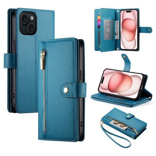 For iPhone 15 Nine Card-slot Zipper Wallet Bag Leather Phone Case(Blue)
