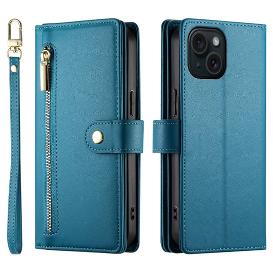 For iPhone 15 Nine Card-slot Zipper Wallet Bag Leather Phone Case(Blue) - iPhone 15 Cases by buy2fix | Online Shopping UK | buy2fix