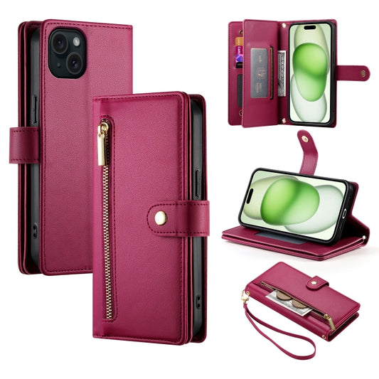 For iPhone 15 Plus Nine Card-slot Zipper Wallet Bag Leather Phone Case(Red) - iPhone 15 Plus Cases by buy2fix | Online Shopping UK | buy2fix