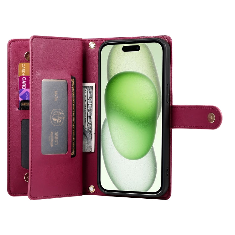 For iPhone 15 Plus Nine Card-slot Zipper Wallet Bag Leather Phone Case(Red) - iPhone 15 Plus Cases by buy2fix | Online Shopping UK | buy2fix