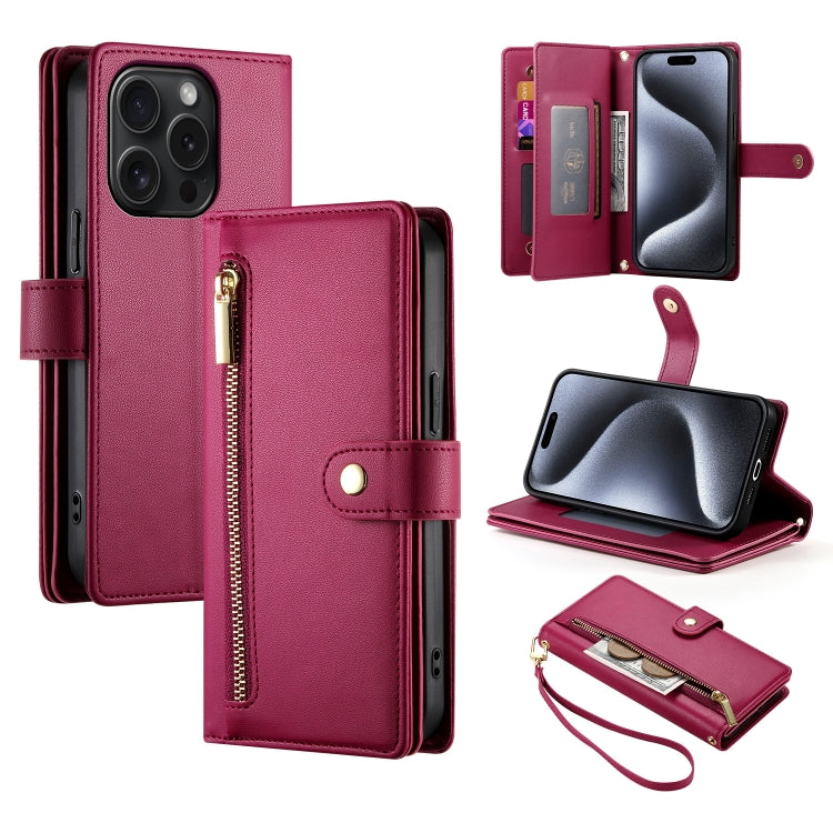 For iPhone 15 Pro Nine Card-slot Zipper Wallet Bag Leather Phone Case(Red) - iPhone 15 Pro Cases by buy2fix | Online Shopping UK | buy2fix