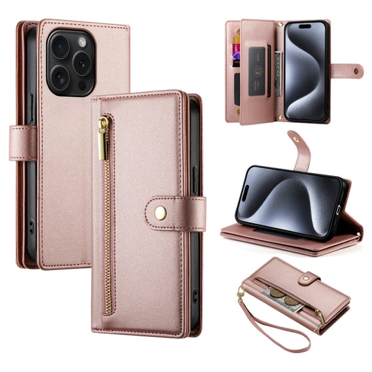 For iPhone 15 Pro Nine Card-slot Zipper Wallet Bag Leather Phone Case(Pink) - iPhone 15 Pro Cases by buy2fix | Online Shopping UK | buy2fix