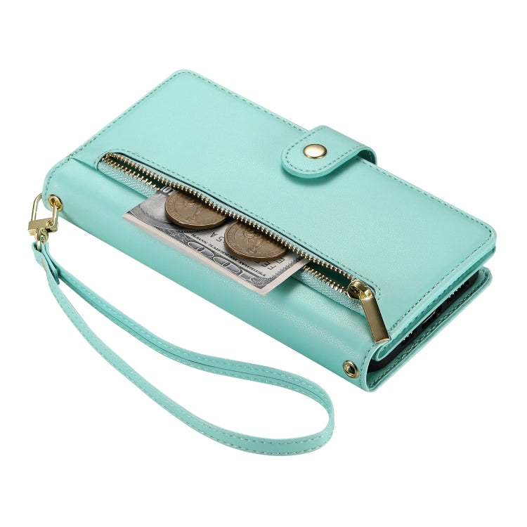 For iPhone 15 Pro Nine Card-slot Zipper Wallet Bag Leather Phone Case(Mint Green) - iPhone 15 Pro Cases by buy2fix | Online Shopping UK | buy2fix