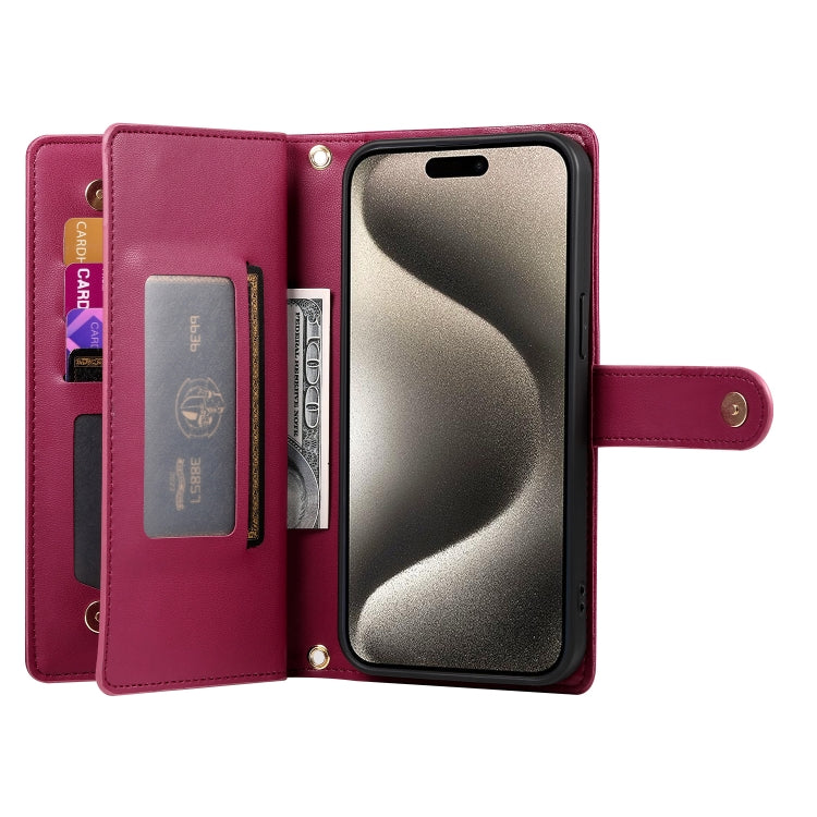 For iPhone 15 Pro Max Nine Card-slot Zipper Wallet Bag Leather Phone Case(Red) - iPhone 15 Pro Max Cases by buy2fix | Online Shopping UK | buy2fix