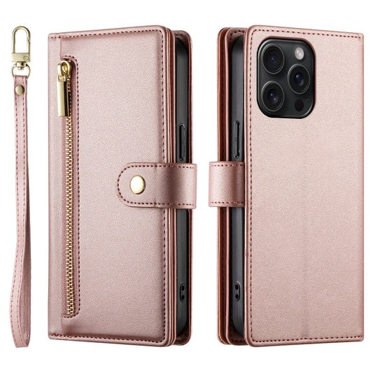 For iPhone 15 Pro Max Nine Card-slot Zipper Wallet Bag Leather Phone Case(Pink) - iPhone 15 Pro Max Cases by buy2fix | Online Shopping UK | buy2fix