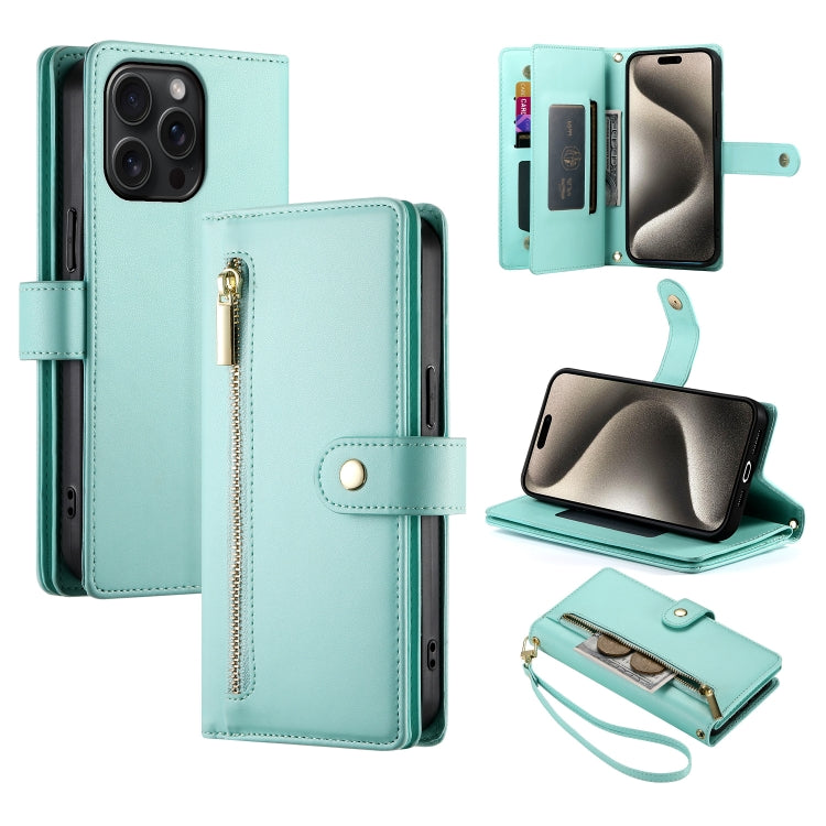 For iPhone 15 Pro Max Nine Card-slot Zipper Wallet Bag Leather Phone Case(Mint Green) - iPhone 15 Pro Max Cases by buy2fix | Online Shopping UK | buy2fix