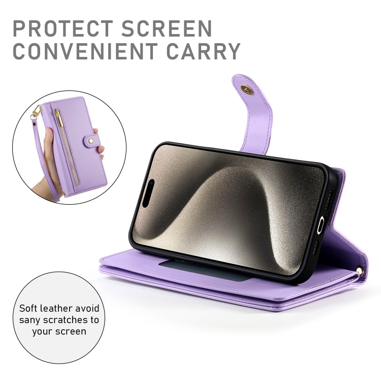 For iPhone 15 Pro Max Nine Card-slot Zipper Wallet Bag Leather Phone Case(Purple) - iPhone 15 Pro Max Cases by buy2fix | Online Shopping UK | buy2fix