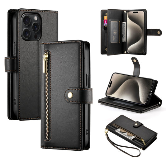 For iPhone 15 Pro Max Nine Card-slot Zipper Wallet Bag Leather Phone Case(Black) - iPhone 15 Pro Max Cases by buy2fix | Online Shopping UK | buy2fix