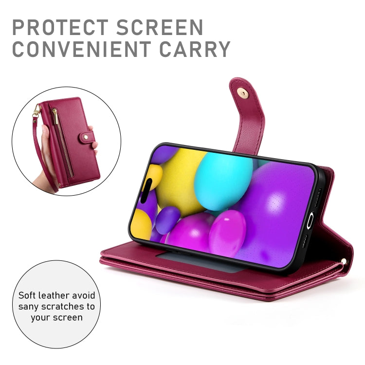 For iPhone 16 Nine Card-slot Zipper Wallet Bag Leather Phone Case(Red) by buy2fix