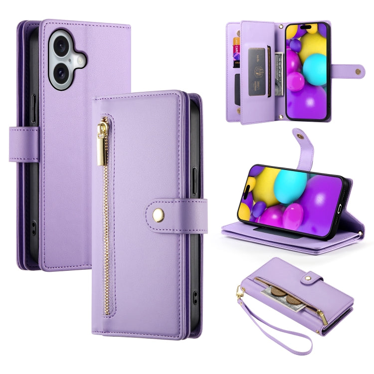For iPhone 16 Nine Card-slot Zipper Wallet Bag Leather Phone Case(Purple) by buy2fix