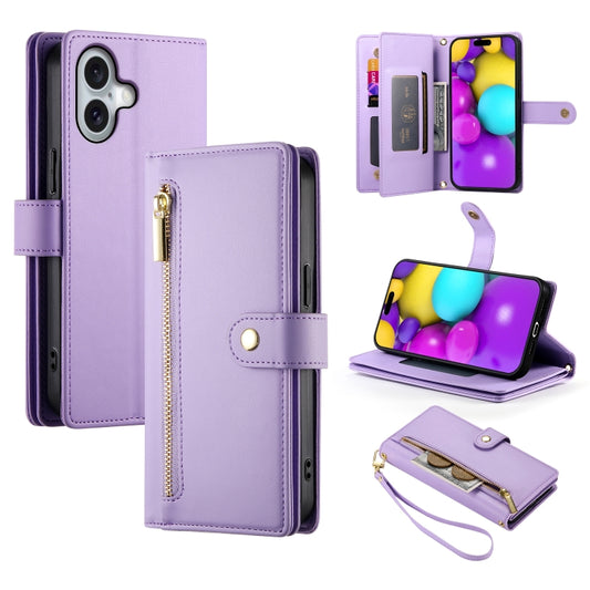 For iPhone 16 Nine Card-slot Zipper Wallet Bag Leather Phone Case(Purple) by buy2fix
