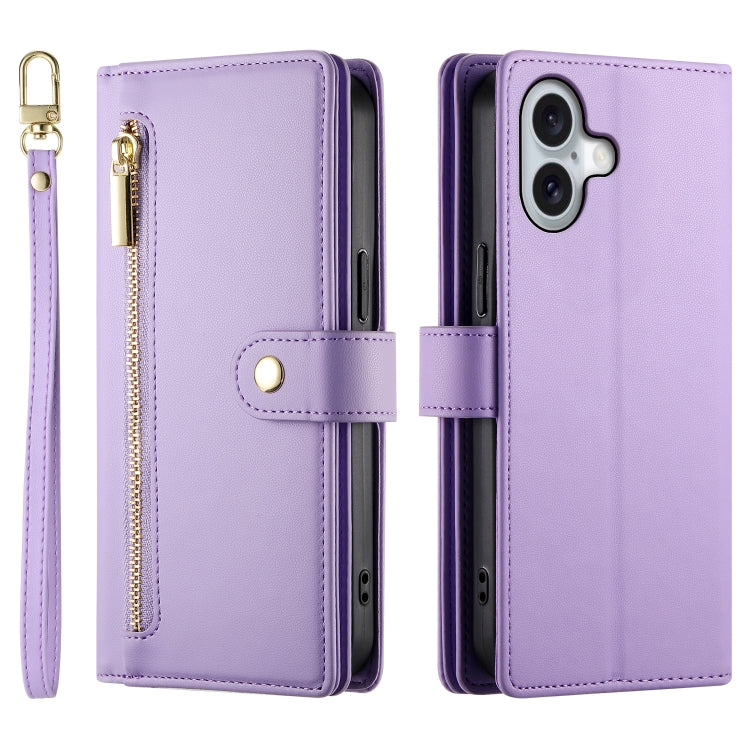 For iPhone 16 Nine Card-slot Zipper Wallet Bag Leather Phone Case(Purple) by buy2fix