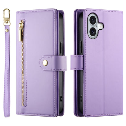 For iPhone 16 Nine Card-slot Zipper Wallet Bag Leather Phone Case(Purple) by buy2fix