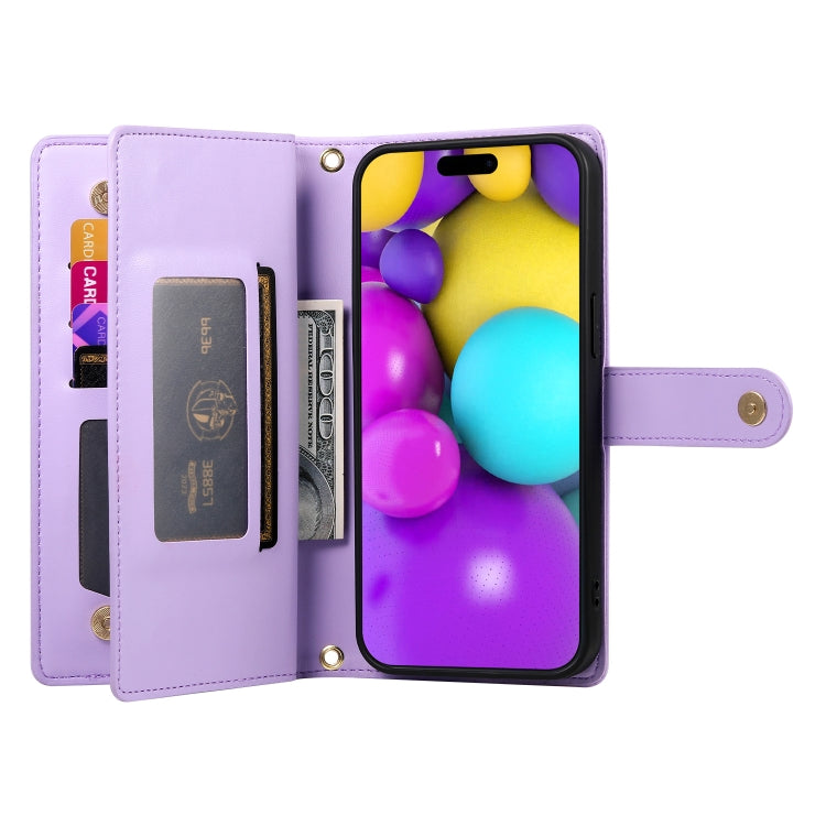For iPhone 16 Nine Card-slot Zipper Wallet Bag Leather Phone Case(Purple) by buy2fix