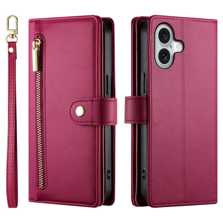 For iPhone 16 Plus Nine Card-slot Zipper Wallet Bag Leather Phone Case(Red) - iPhone 16 Plus Cases by buy2fix | Online Shopping UK | buy2fix