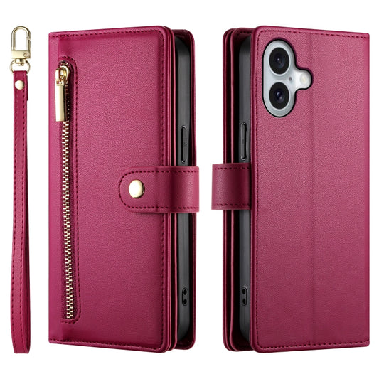 For iPhone 16 Plus Nine Card-slot Zipper Wallet Bag Leather Phone Case(Red) - iPhone 16 Plus Cases by buy2fix | Online Shopping UK | buy2fix