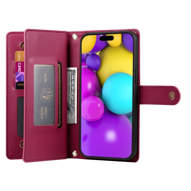 For iPhone 16 Plus Nine Card-slot Zipper Wallet Bag Leather Phone Case(Red) - iPhone 16 Plus Cases by buy2fix | Online Shopping UK | buy2fix