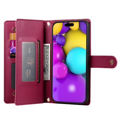 For iPhone 16 Plus Nine Card-slot Zipper Wallet Bag Leather Phone Case(Red) - iPhone 16 Plus Cases by buy2fix | Online Shopping UK | buy2fix