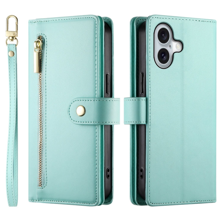 For iPhone 16 Plus Nine Card-slot Zipper Wallet Bag Leather Phone Case(Mint Green) - iPhone 16 Plus Cases by buy2fix | Online Shopping UK | buy2fix