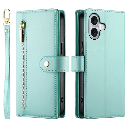 For iPhone 16 Plus Nine Card-slot Zipper Wallet Bag Leather Phone Case(Mint Green) - iPhone 16 Plus Cases by buy2fix | Online Shopping UK | buy2fix