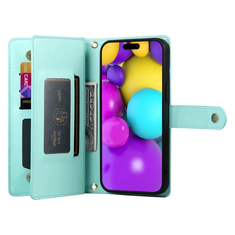 For iPhone 16 Plus Nine Card-slot Zipper Wallet Bag Leather Phone Case(Mint Green) - iPhone 16 Plus Cases by buy2fix | Online Shopping UK | buy2fix