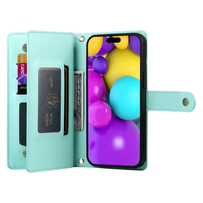 For iPhone 16 Plus Nine Card-slot Zipper Wallet Bag Leather Phone Case(Mint Green) - iPhone 16 Plus Cases by buy2fix | Online Shopping UK | buy2fix