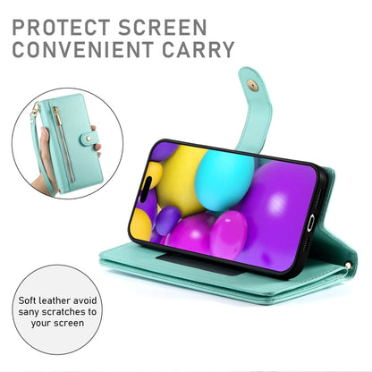 For iPhone 16 Plus Nine Card-slot Zipper Wallet Bag Leather Phone Case(Mint Green) - iPhone 16 Plus Cases by buy2fix | Online Shopping UK | buy2fix