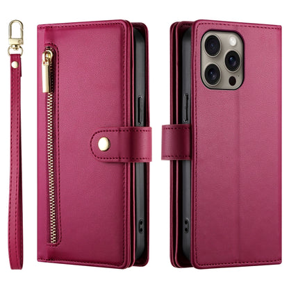 For iPhone 16 Pro Nine Card-slot Zipper Wallet Bag Leather Phone Case(Red) by buy2fix
