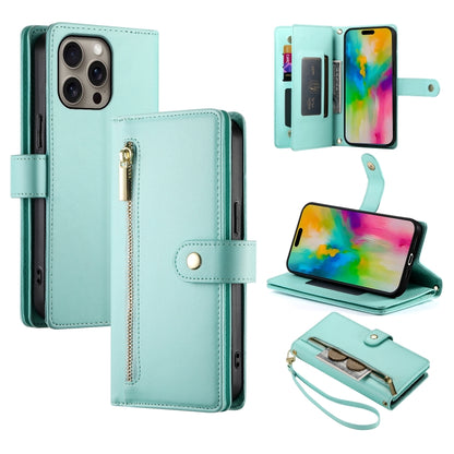 For iPhone 16 Pro Nine Card-slot Zipper Wallet Bag Leather Phone Case(Mint Green) by buy2fix