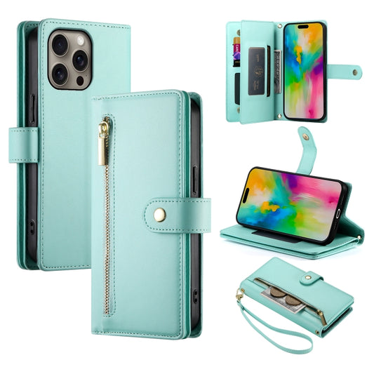 For iPhone 16 Pro Nine Card-slot Zipper Wallet Bag Leather Phone Case(Mint Green) by buy2fix