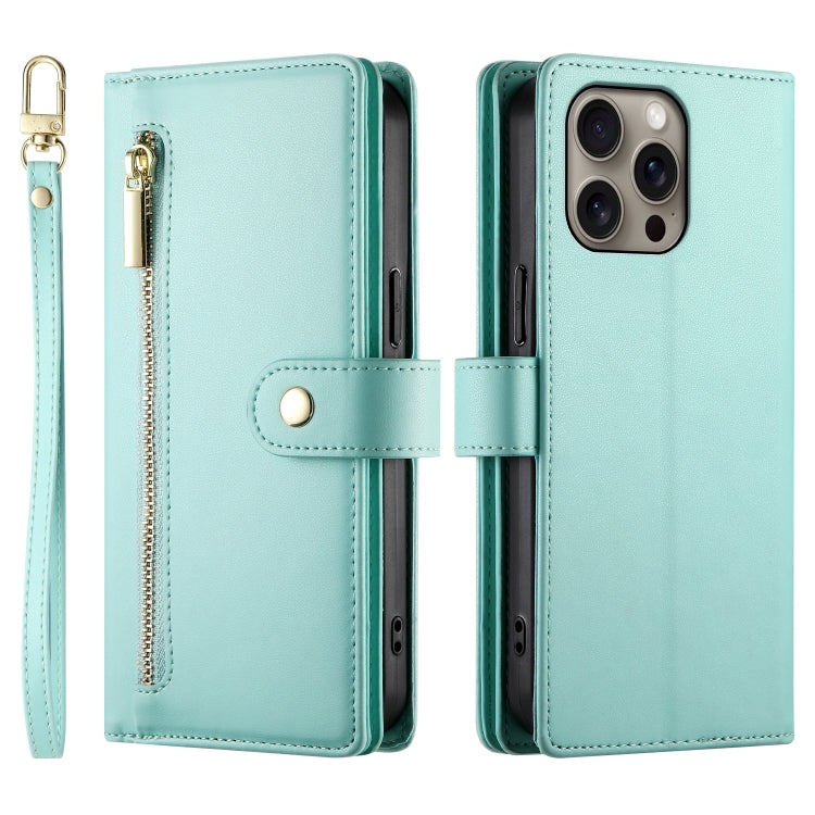 For iPhone 16 Pro Nine Card-slot Zipper Wallet Bag Leather Phone Case(Mint Green) by buy2fix