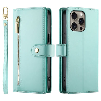 For iPhone 16 Pro Nine Card-slot Zipper Wallet Bag Leather Phone Case(Mint Green) by buy2fix