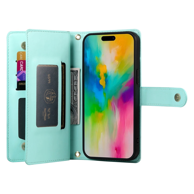 For iPhone 16 Pro Nine Card-slot Zipper Wallet Bag Leather Phone Case(Mint Green) by buy2fix
