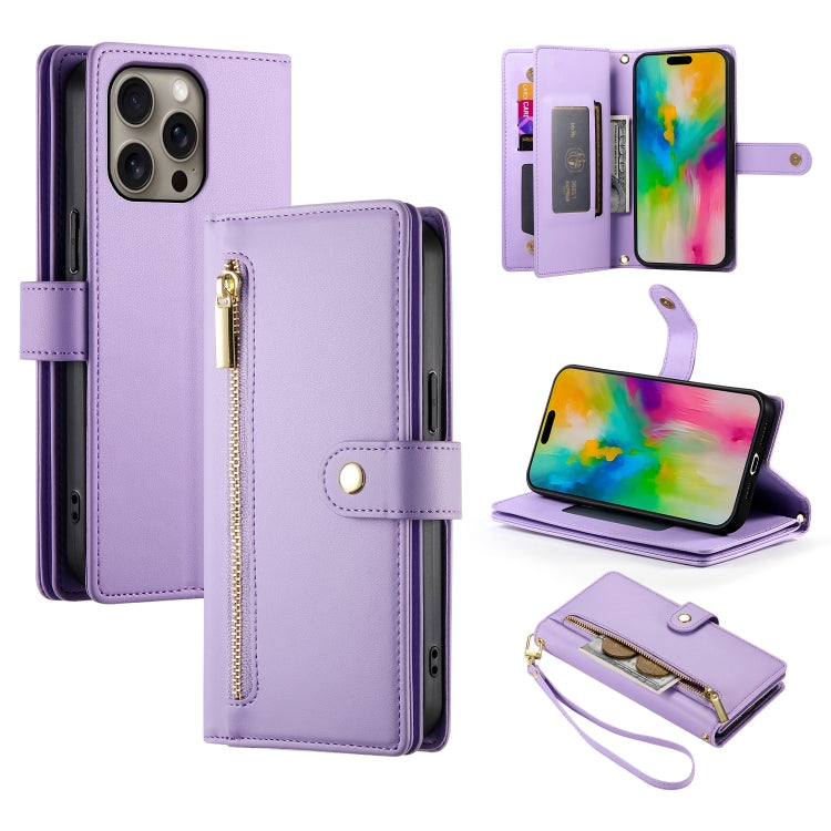 For iPhone 16 Pro Nine Card-slot Zipper Wallet Bag Leather Phone Case(Purple) by buy2fix