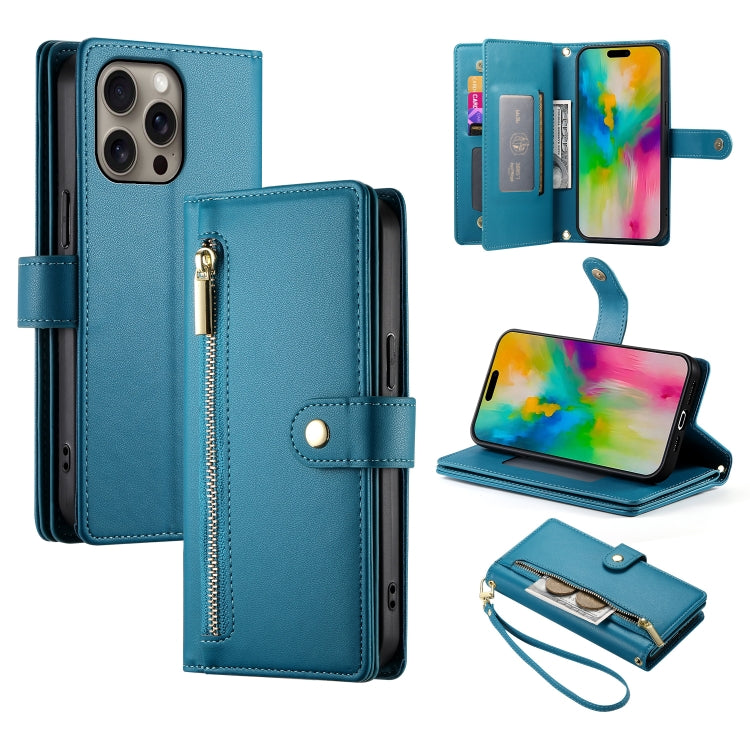 For iPhone 16 Pro Nine Card-slot Zipper Wallet Bag Leather Phone Case(Blue) by buy2fix