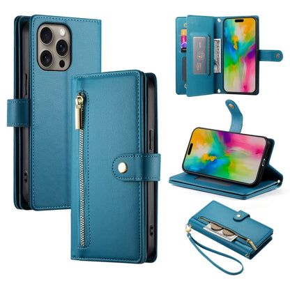 For iPhone 16 Pro Nine Card-slot Zipper Wallet Bag Leather Phone Case(Blue) by buy2fix