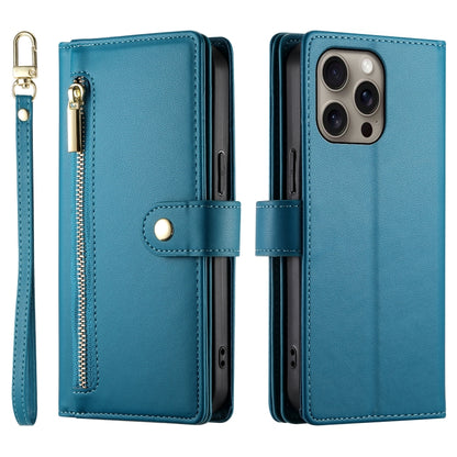 For iPhone 16 Pro Nine Card-slot Zipper Wallet Bag Leather Phone Case(Blue) by buy2fix