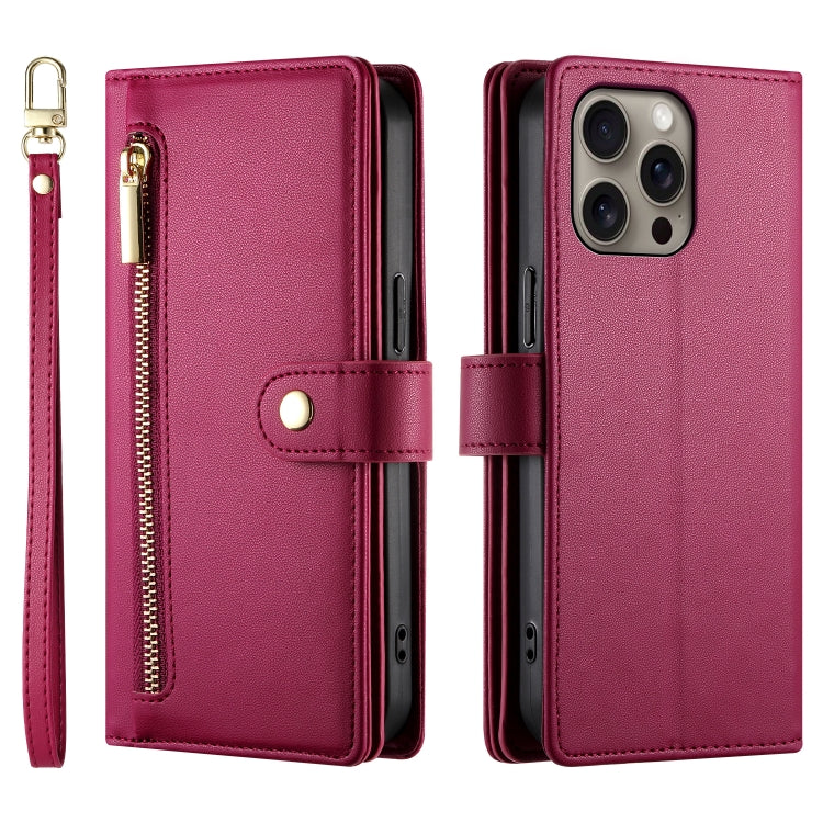 For iPhone 16 Pro Max Nine Card-slot Zipper Wallet Bag Leather Phone Case(Red) by buy2fix