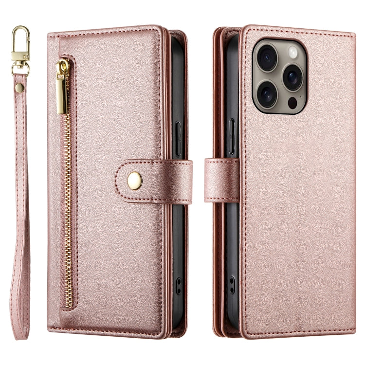 For iPhone 16 Pro Max Nine Card-slot Zipper Wallet Bag Leather Phone Case(Pink) by buy2fix