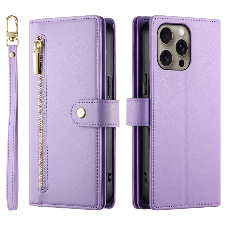 For iPhone 16 Pro Max Nine Card-slot Zipper Wallet Bag Leather Phone Case(Purple) by buy2fix