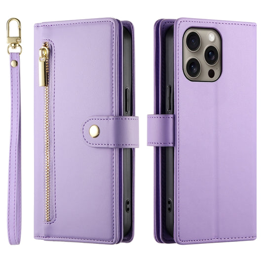 For iPhone 16 Pro Max Nine Card-slot Zipper Wallet Bag Leather Phone Case(Purple) by buy2fix