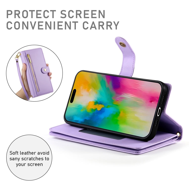 For iPhone 16 Pro Max Nine Card-slot Zipper Wallet Bag Leather Phone Case(Purple) by buy2fix