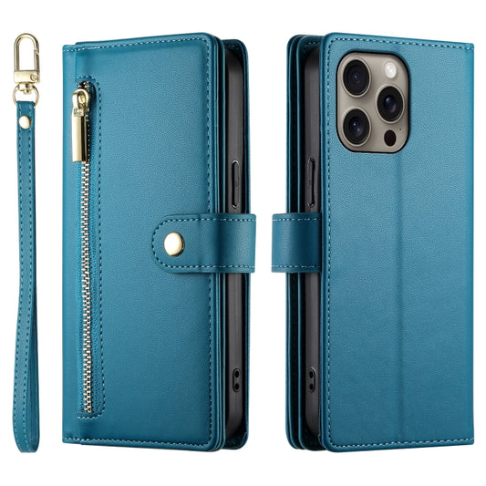 For iPhone 16 Pro Max Nine Card-slot Zipper Wallet Bag Leather Phone Case(Blue) by buy2fix