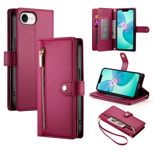 For iPhone 16e Nine Card-slot Zipper Wallet Bag Leather Phone Case(Red) by buy2fix