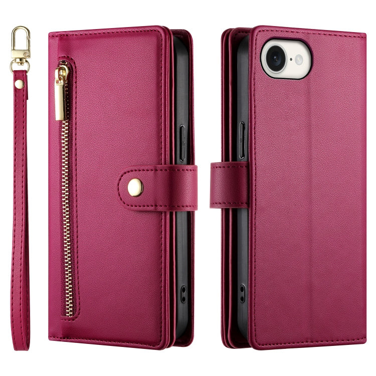 For iPhone 16e Nine Card-slot Zipper Wallet Bag Leather Phone Case(Red) by buy2fix