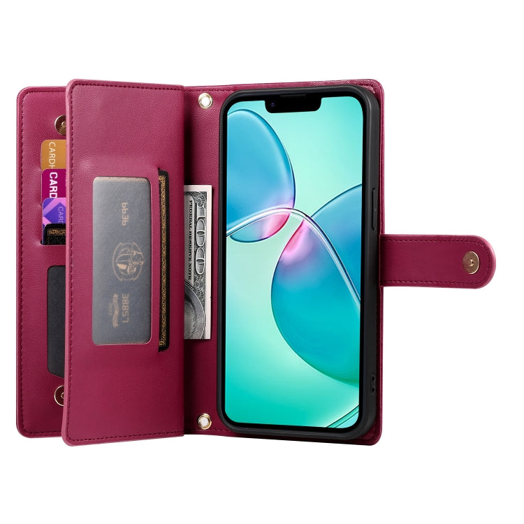For iPhone 16e Nine Card-slot Zipper Wallet Bag Leather Phone Case(Red) by buy2fix