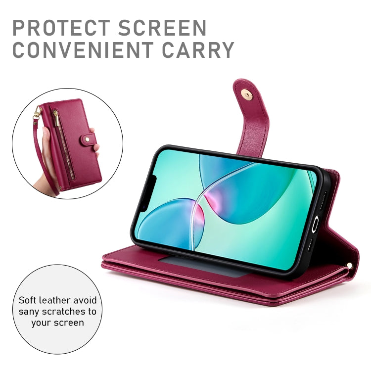 For iPhone 16e Nine Card-slot Zipper Wallet Bag Leather Phone Case(Red) by buy2fix